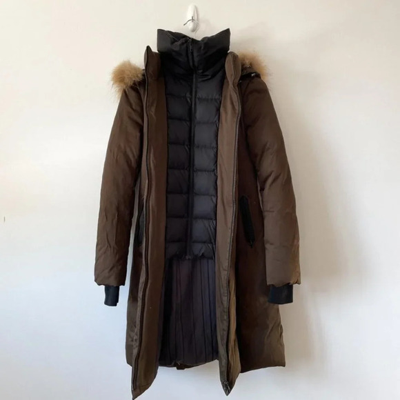Soia & Kyo BROWN Down  Racoon Fur Hood Long Christy Parka Jacket Coat Sz S - Picture 1 of 13